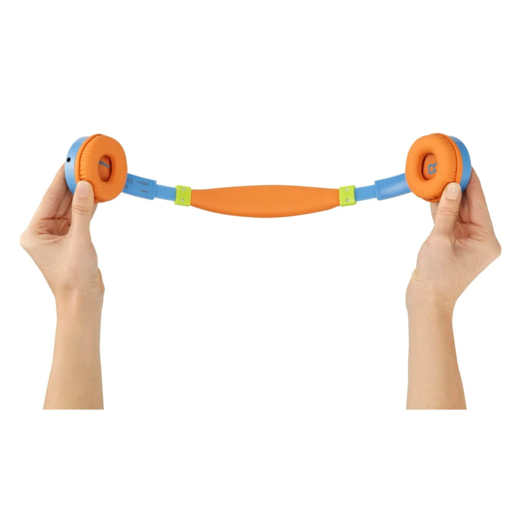 Kids on-ear wired headphones, blue headband with orange cushions and green connectors