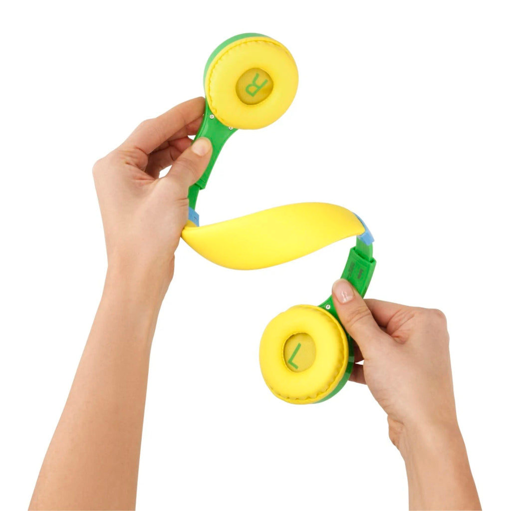 Green and yellow kids on-ear wired headphones with round ear pads and blue cord