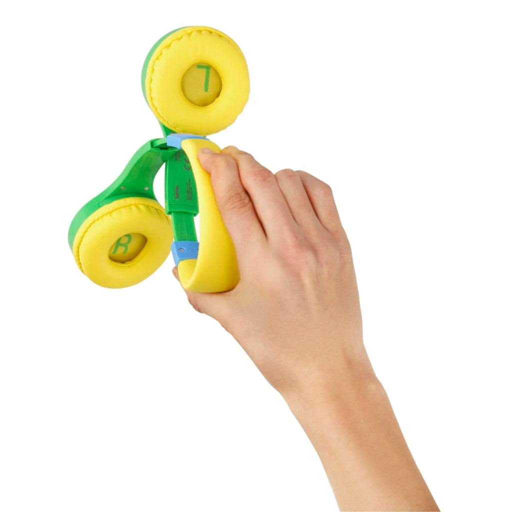 Green and yellow kids on-ear wired headphones with round ear pads and visible control dials