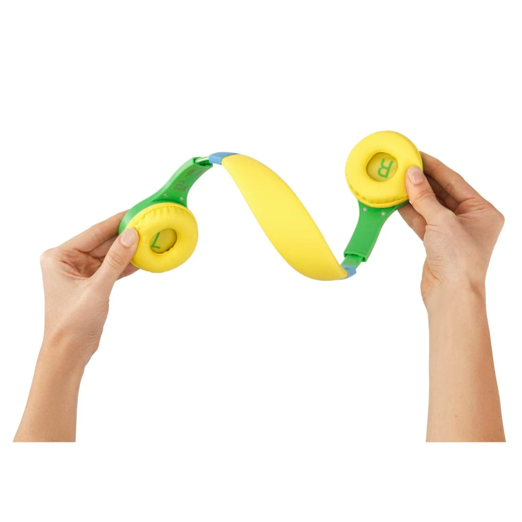 Green and yellow kids on-ear wired headphones with extended headband and padded ear cups