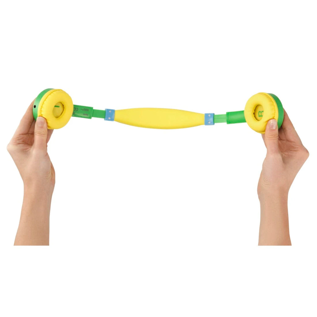 Green and yellow kids on-ear wired headphones with adjustable headband and round ear pads