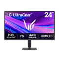 24-inch gaming monitor with black stand, UltraGear logo on purple screen
