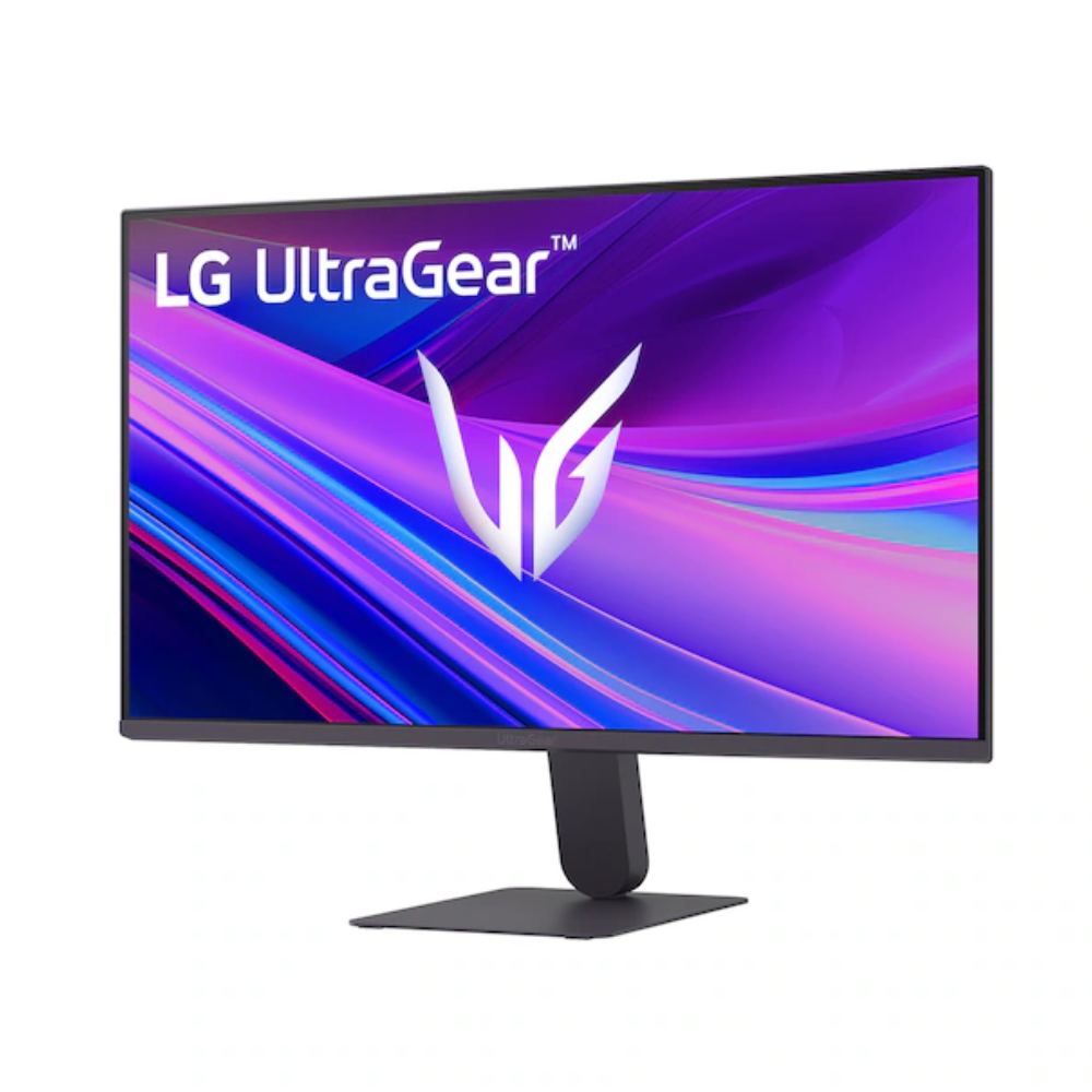 24-inch gaming monitor front view, black stand base under UltraGear purple display