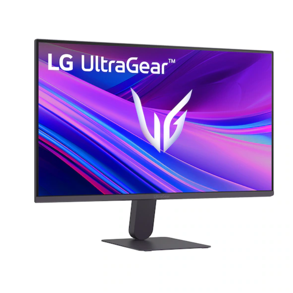 24-inch LG gaming monitor angled, black stand with UltraGear purple screen