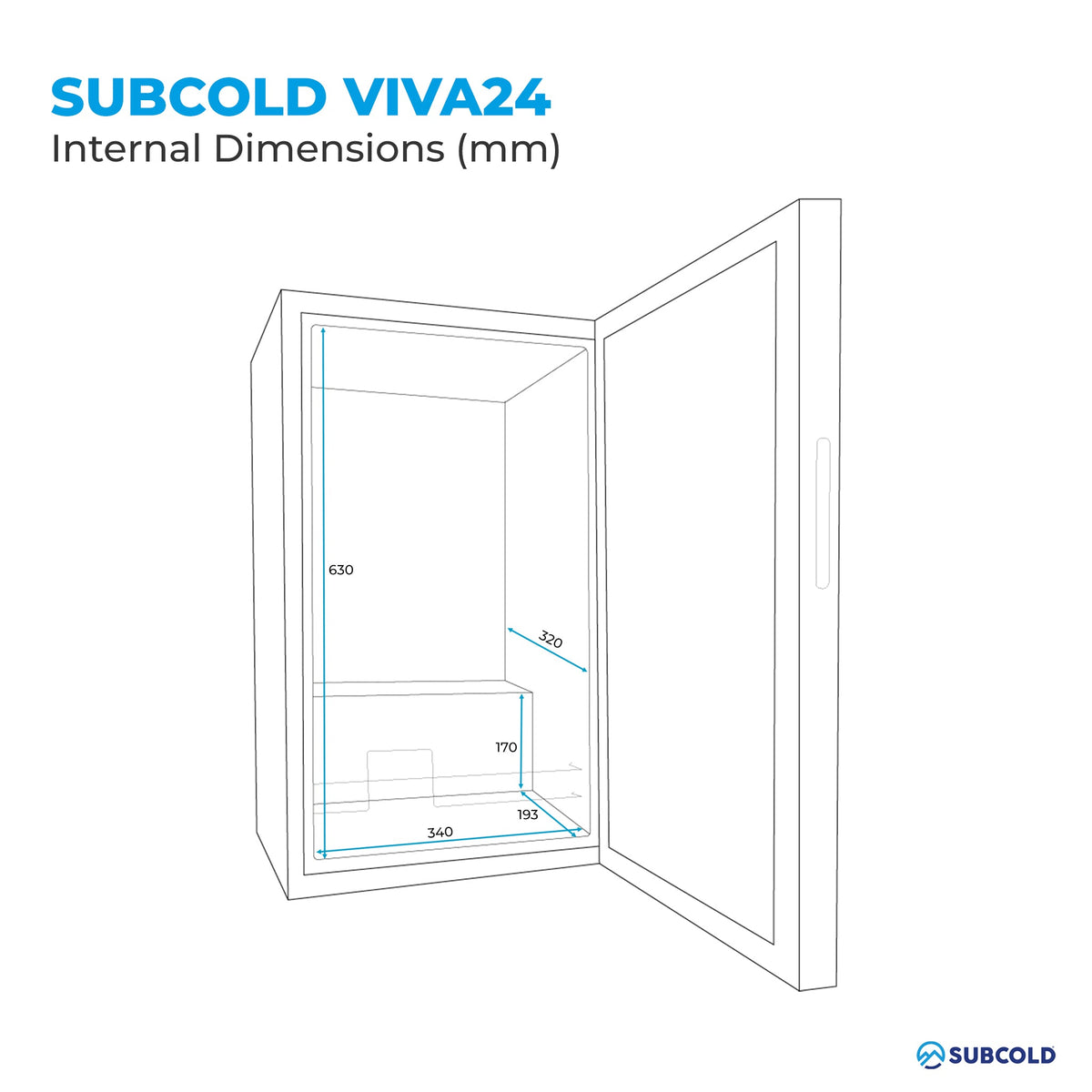 Subcold Viva24 LED wine cooler internal dimensions diagram in mm