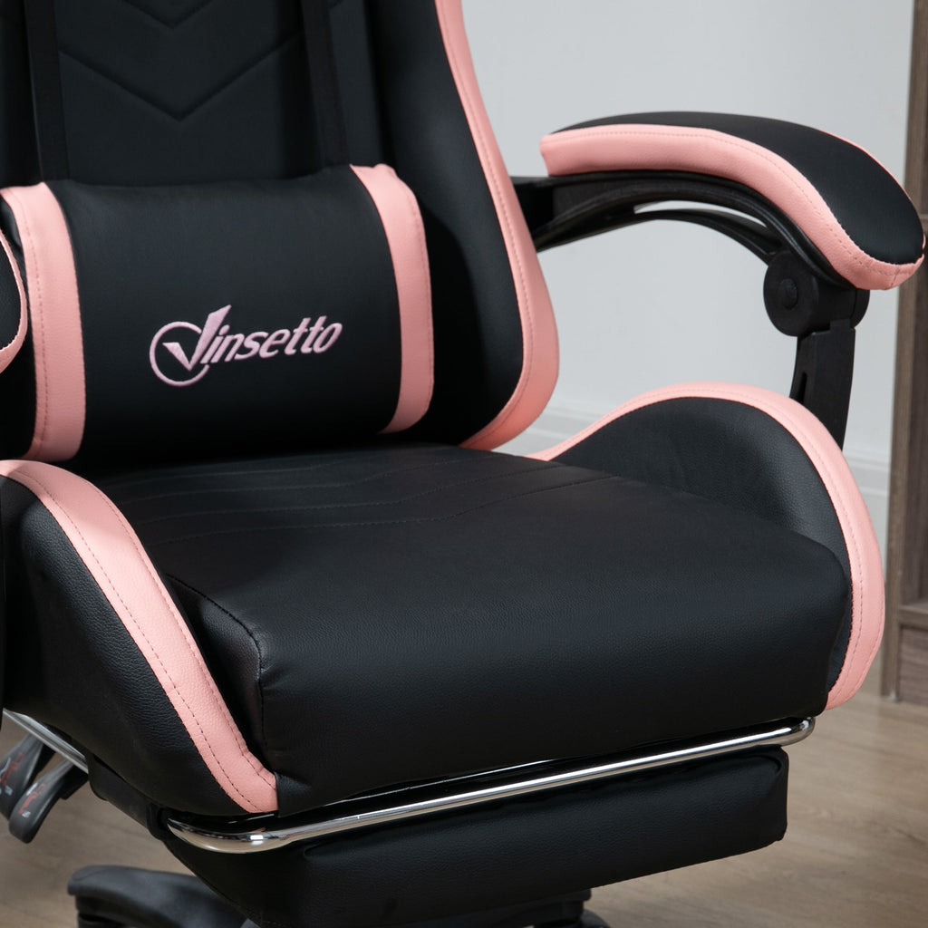 Close-up of black padded seat with pink trim and Vinsetto logo on armrest area