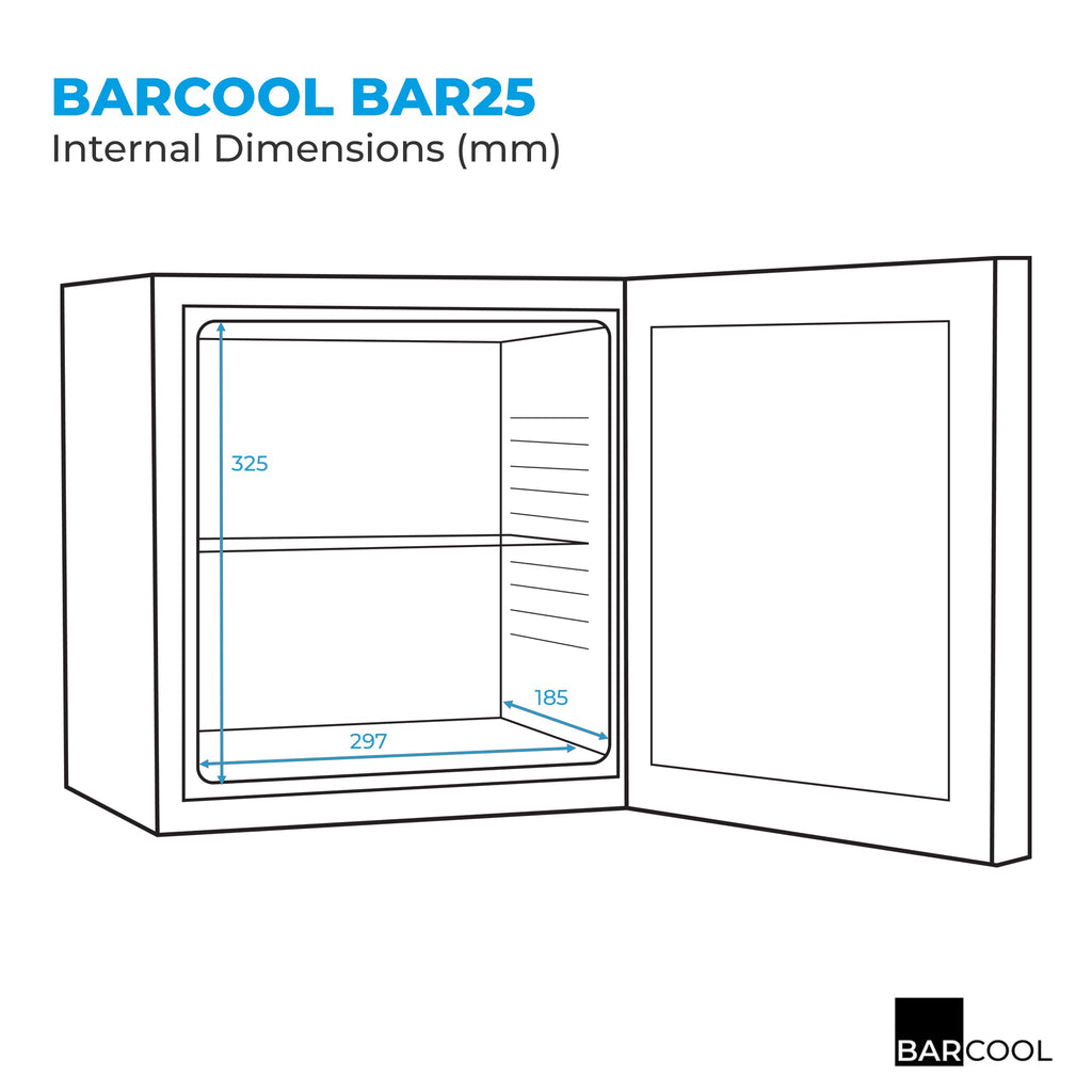 Mini bar fridge internal dimensions diagram with open door outline