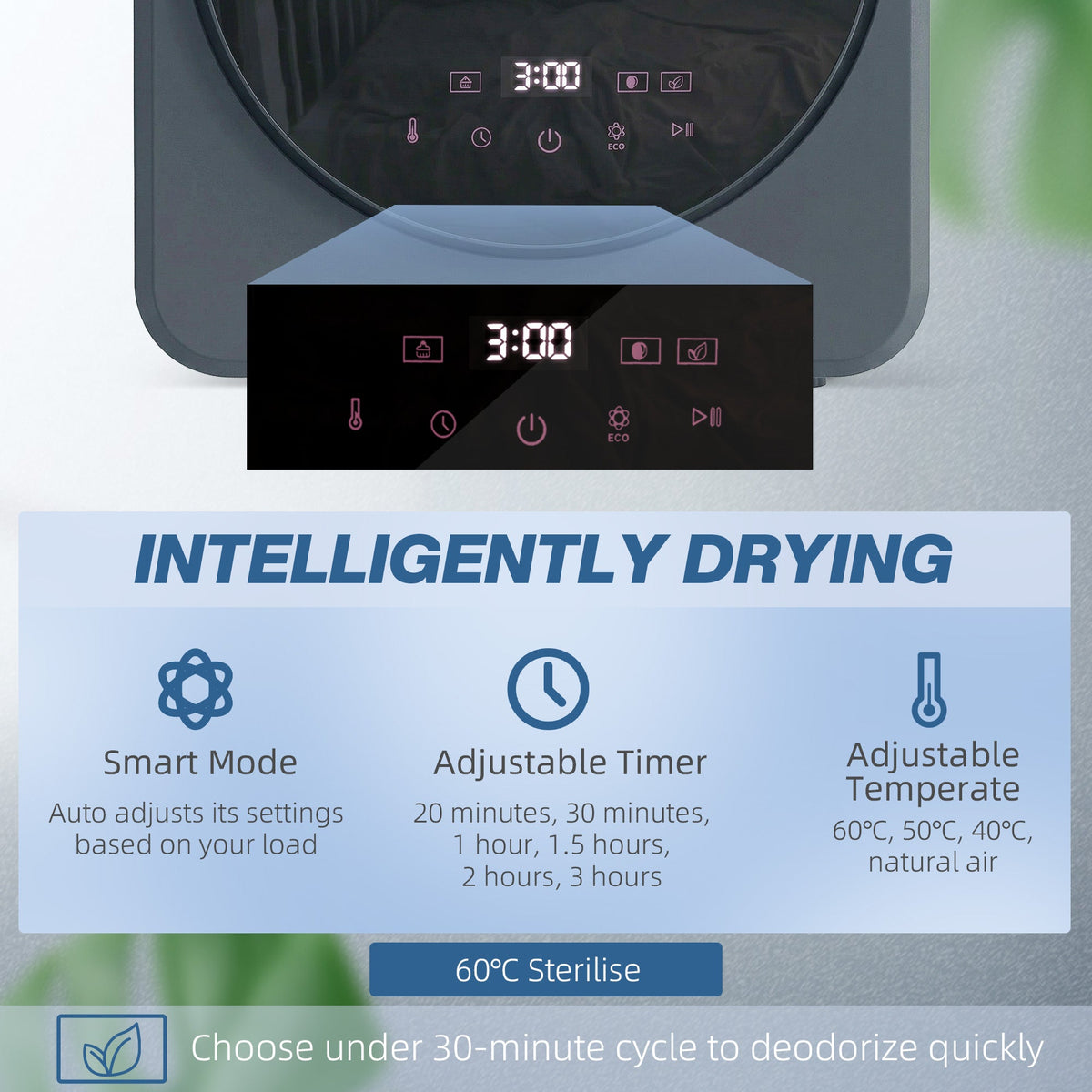 Grey front tumble dryer with circular glass door and digital display panel