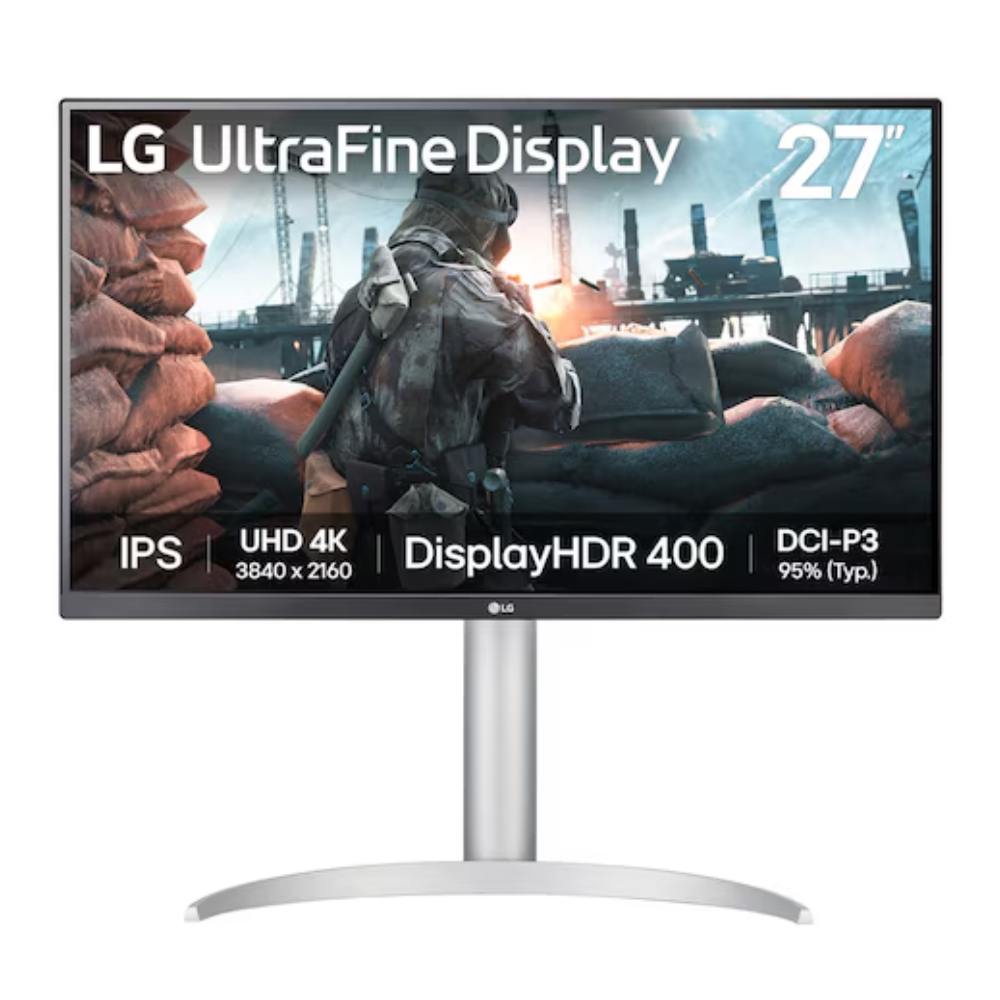 27-inch LG UltraFine monitor with silver stand and thin black bezel, front view.