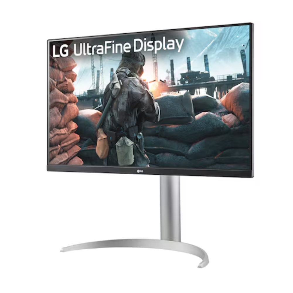 27-inch LG UltraFine monitor, angled front view with silver pedestal stand.