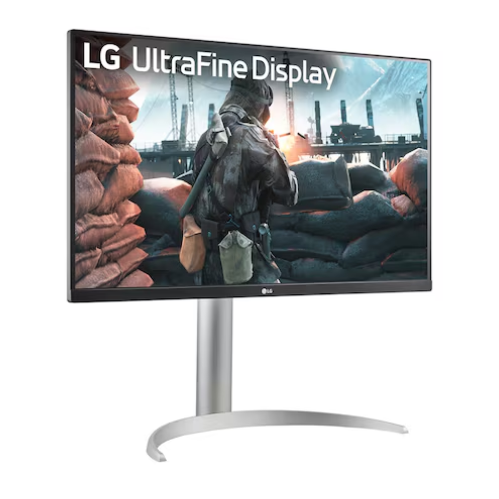 27-inch LG UltraFine monitor with silver center stand, thin black frame, front.