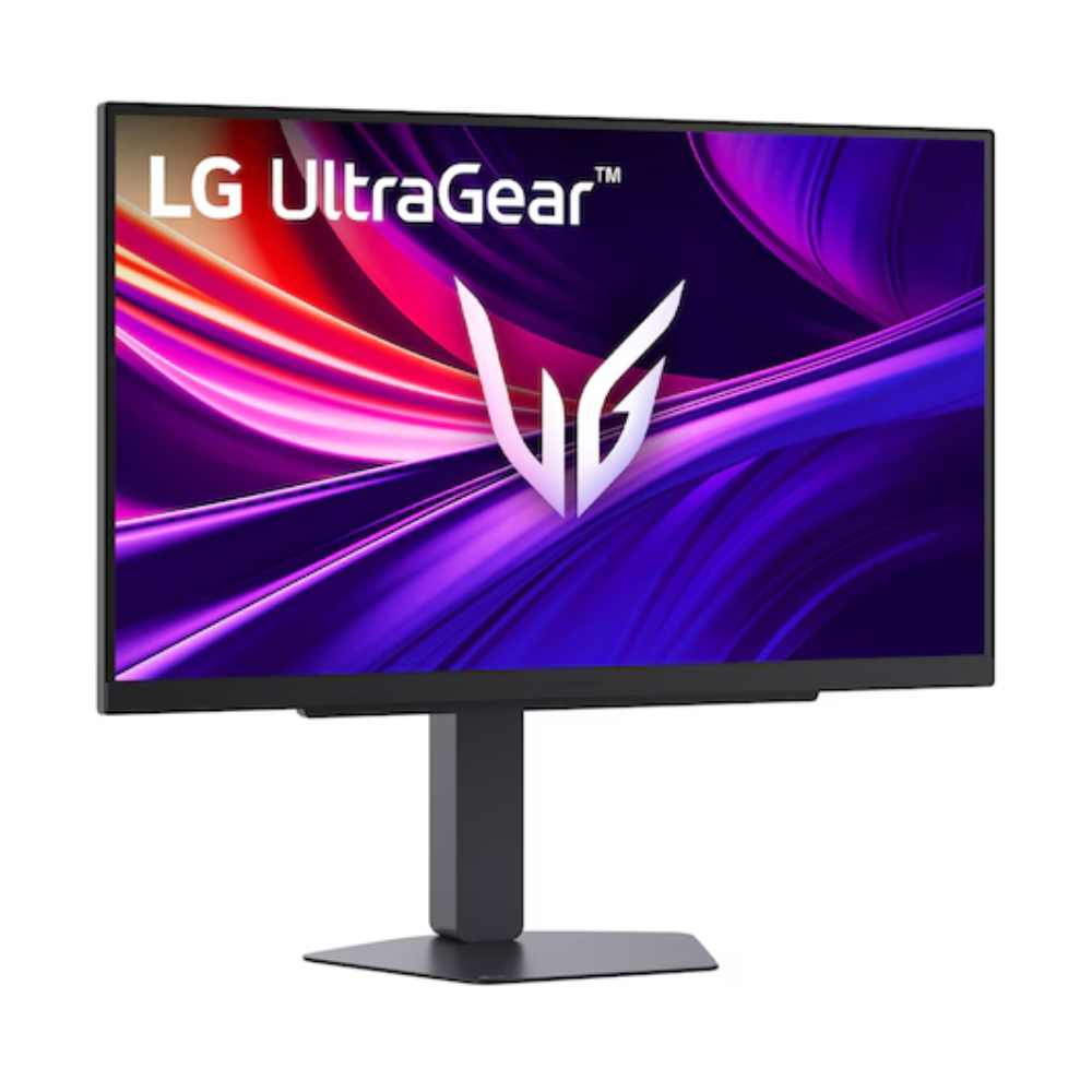 LG UltraGear gaming monitor with black stand, angled front view