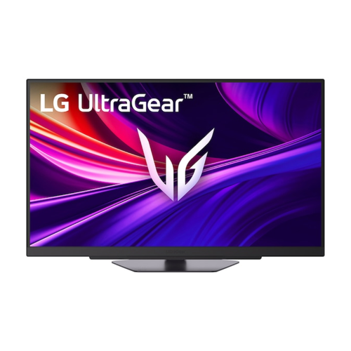 LG UltraGear gaming monitor with slim black stand, angled side view