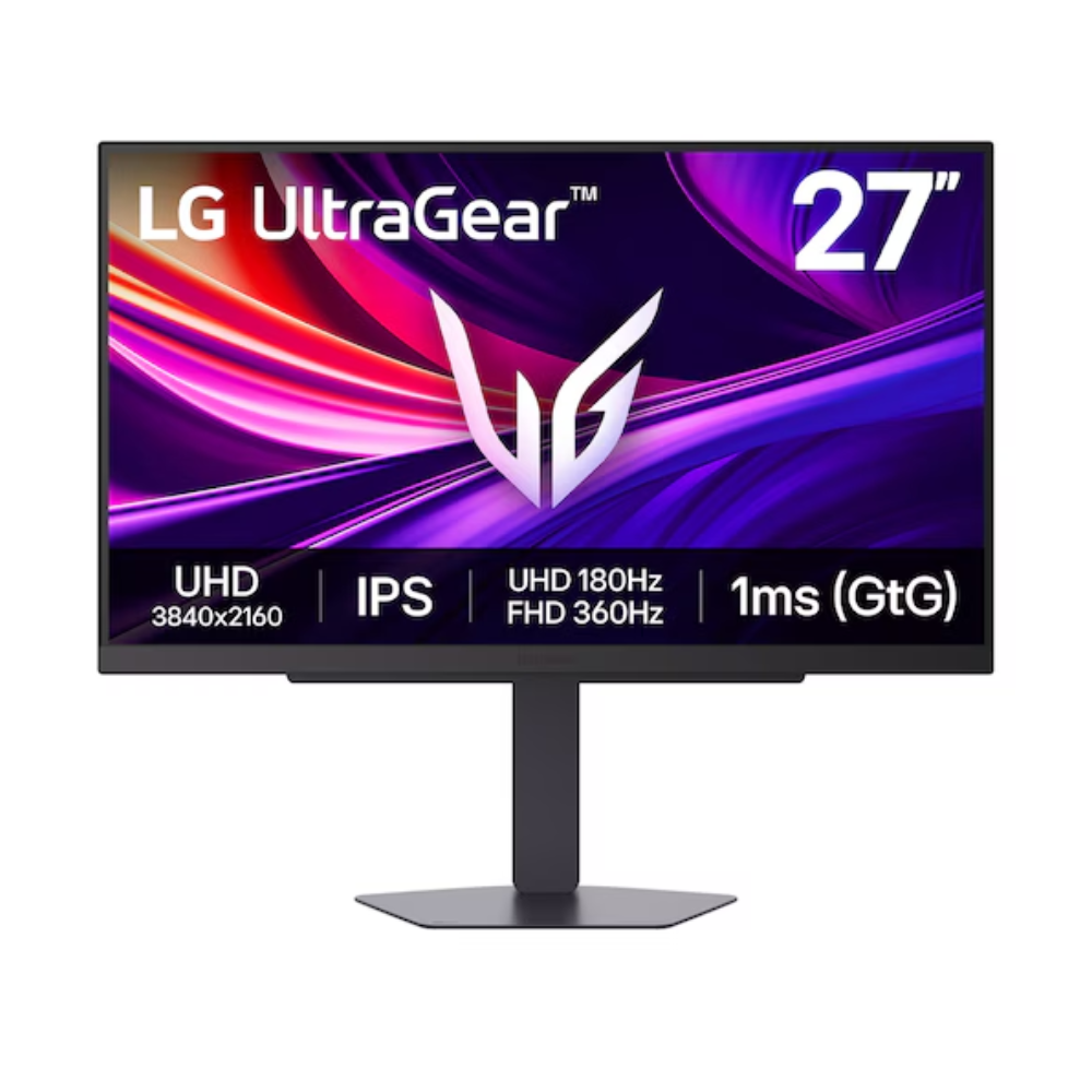 LG UltraGear 27-inch gaming monitor on pedestal stand, UHD 180Hz IPS