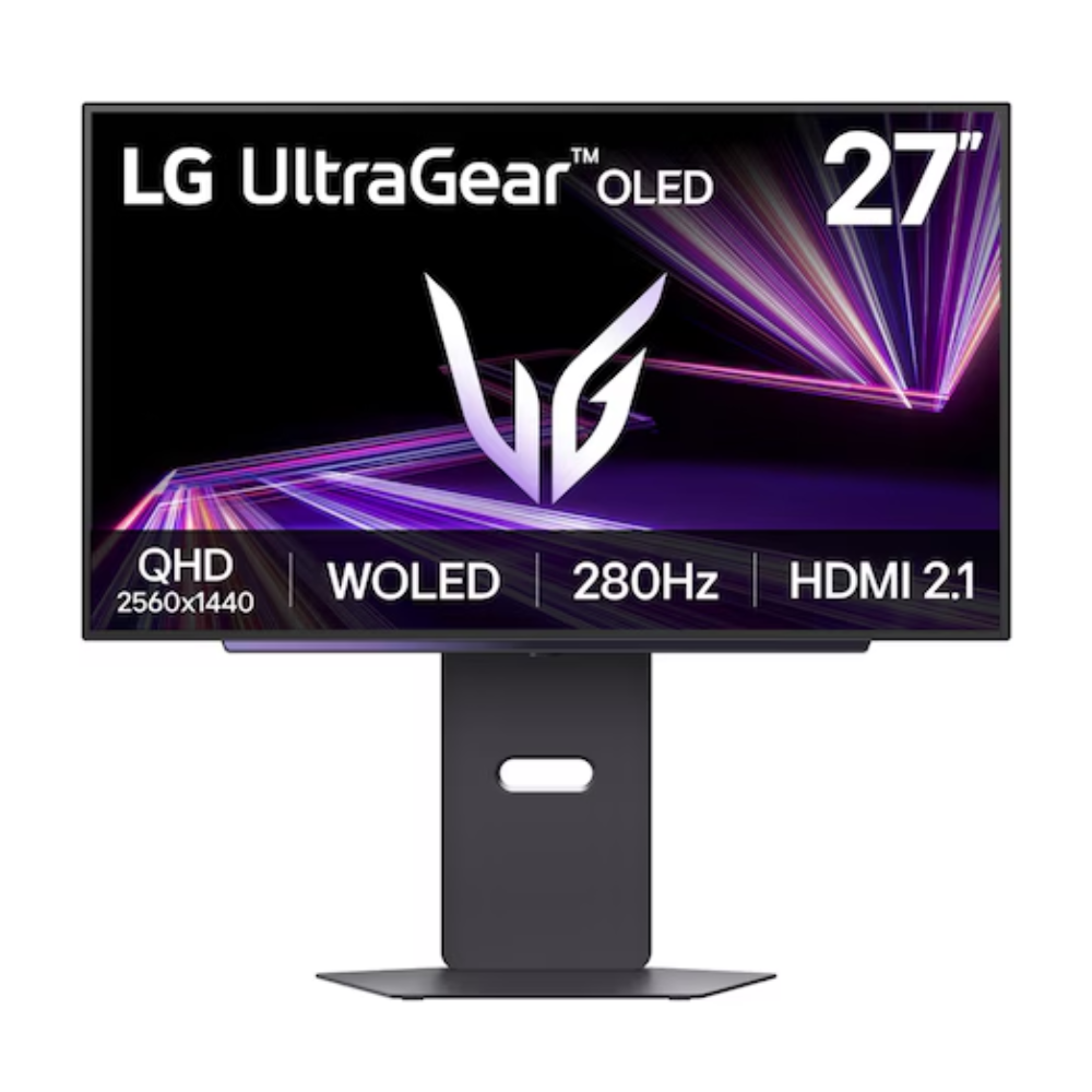 27-inch LG UltraGear OLED gaming monitor with pedestal stand, front view