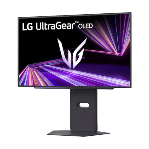 27-inch OLED gaming monitor on pedestal stand, front view with screen graphics