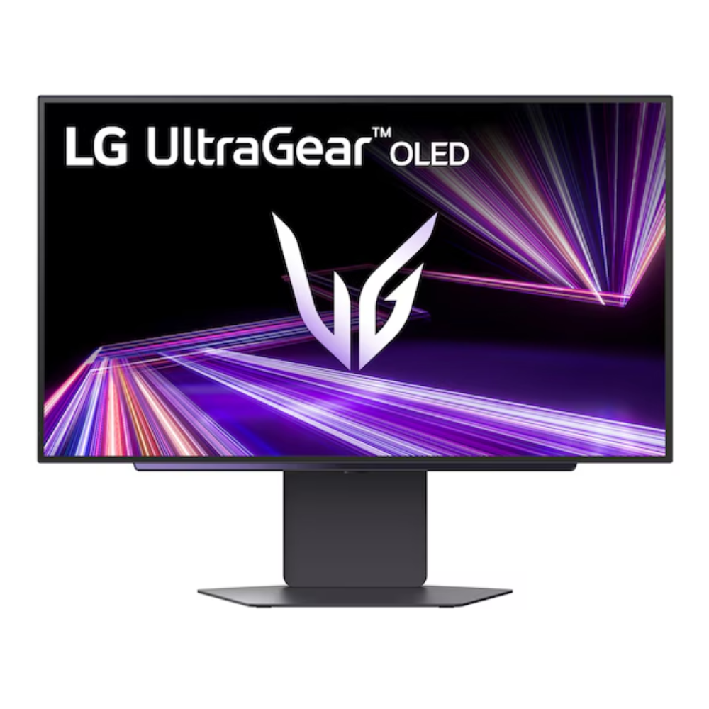 27-inch OLED gaming monitor with centered pedestal stand, front view