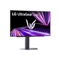 LG UltraGear OLED gaming monitor with purple graphic display and central stand