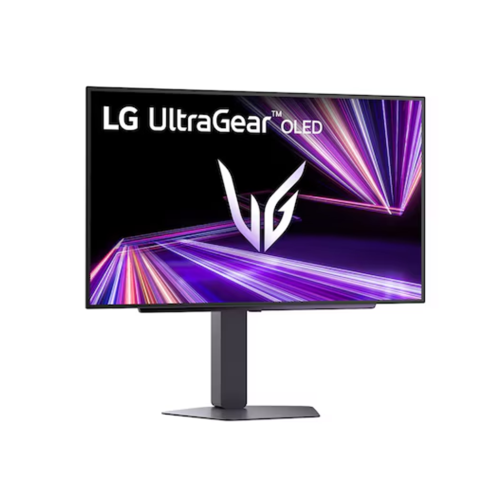 LG UltraGear OLED gaming monitor with purple graphic display and central stand