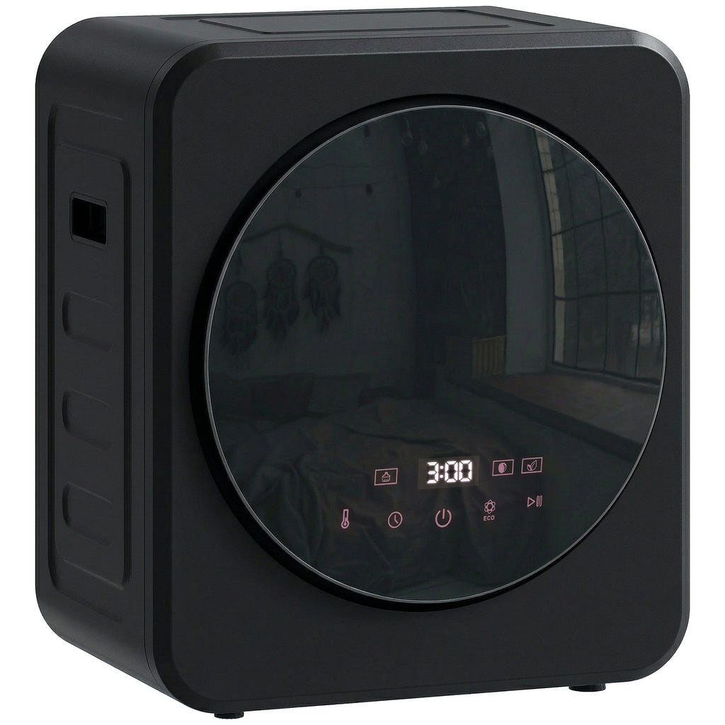 Black front tumble dryer with round glass door and 3:00 digital display