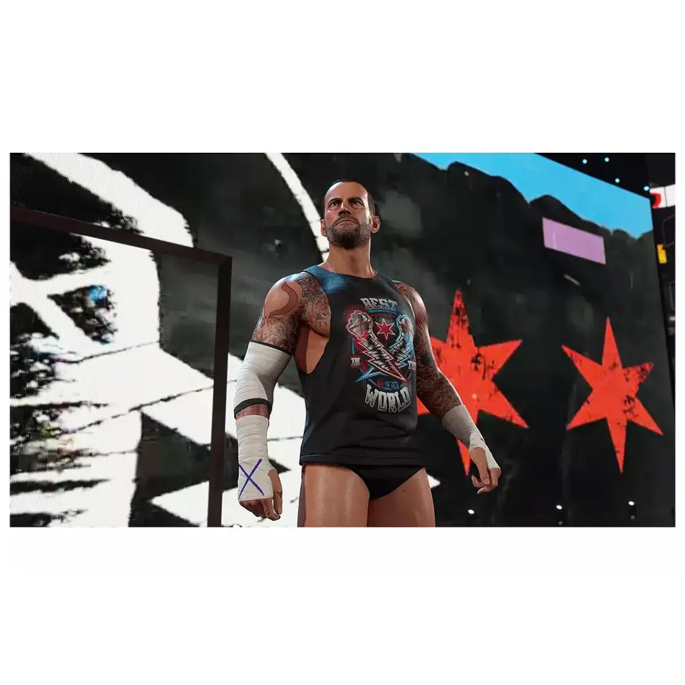 PS5 wrestling video game screen: tall wrestler in black singlet with white gloves