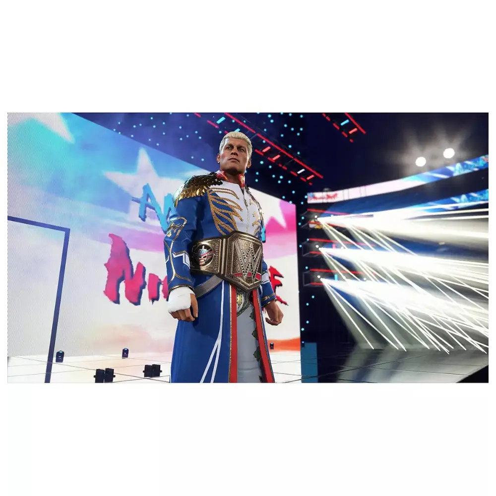 PS5 wrestling video game screen: wrestler in blue coat and gold accents holding belt