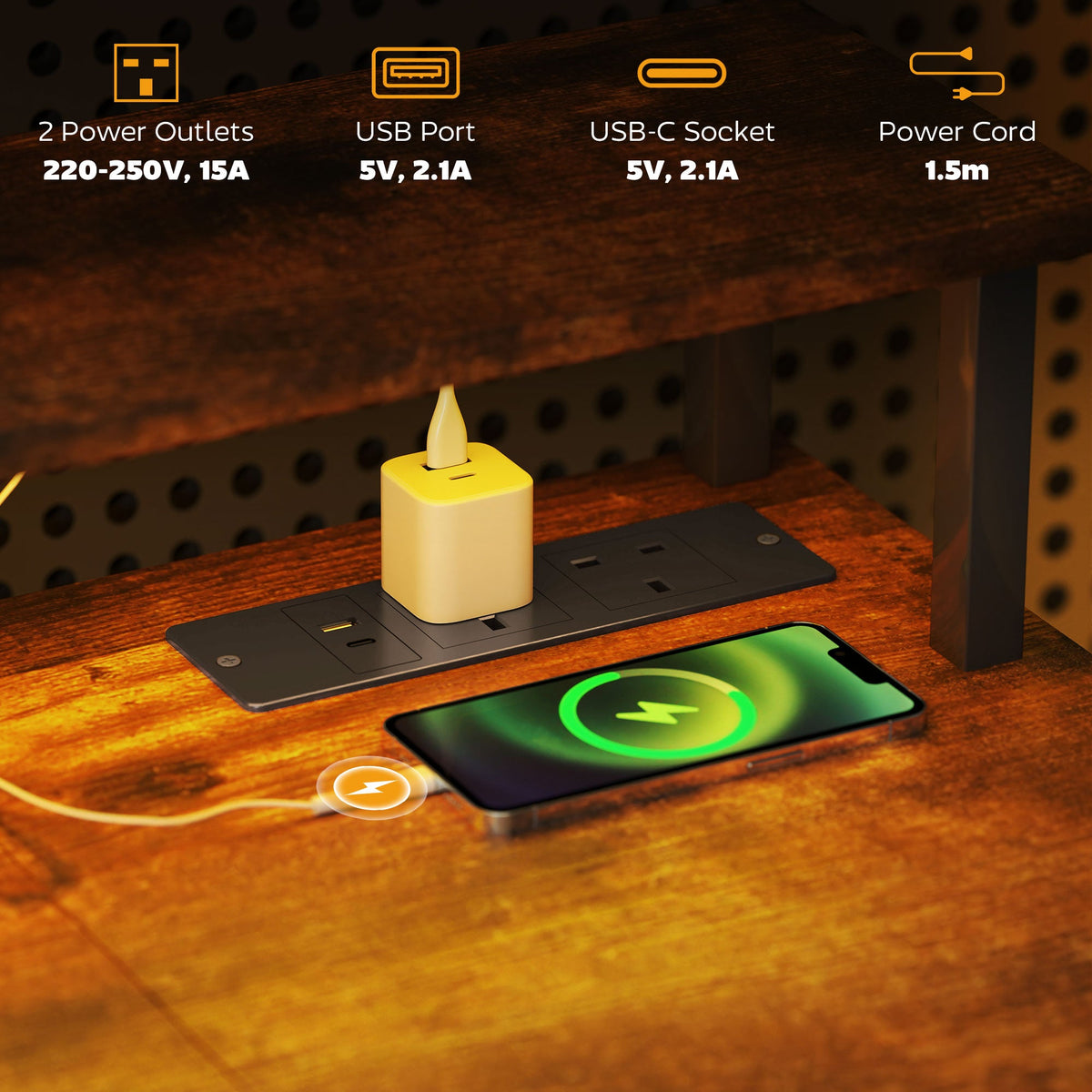 Rustic brown desk surface with power outlets, USB ports, and charging device