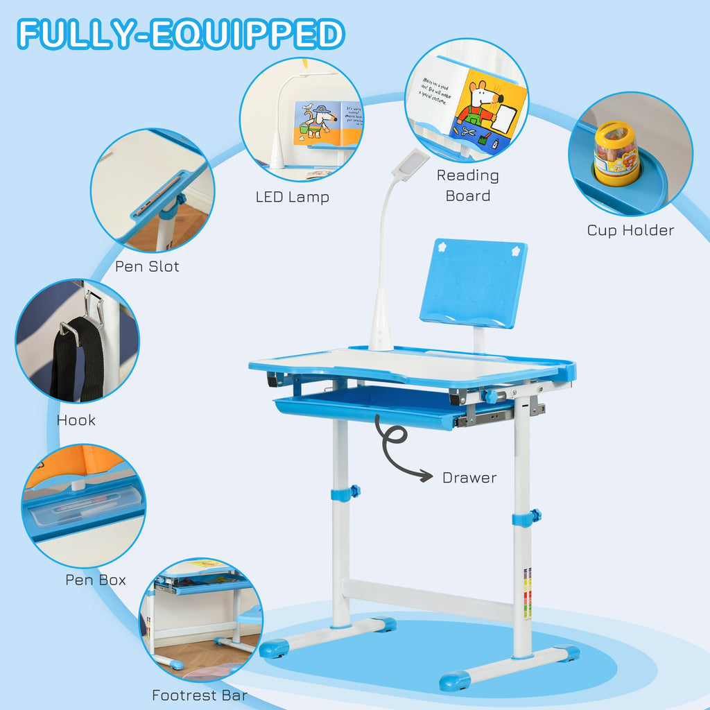 Kids study desk and chair set with drawer, cup holder, pen slot, and accessory panel