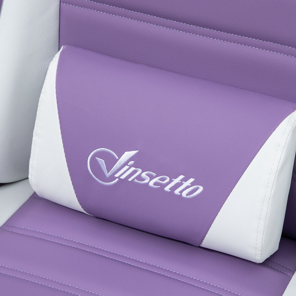Close-up of purple padded lumbar support panel with white side bolsters.