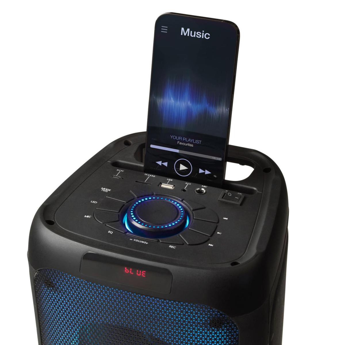 Top view of black karaoke speaker with “Music” screen and glowing blue volume dial