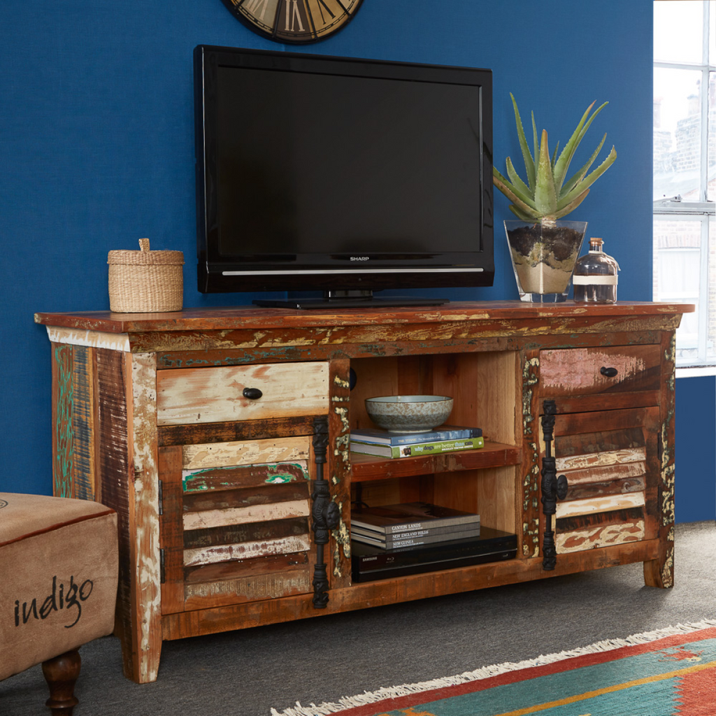 Distressed reclaimed-wood credenza with open shelves, drawer fronts, and right cabinet door