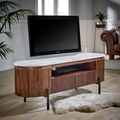 Mango wood TV cabinet with white marble top, open shelf, and black metal legs
