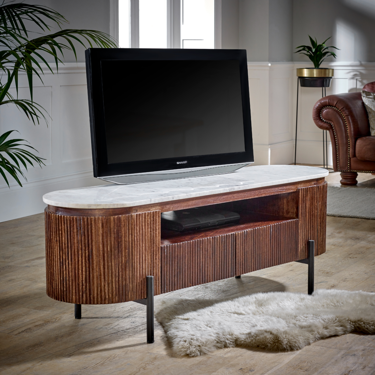 Mango wood TV cabinet with white marble top, open shelf, and black metal legs