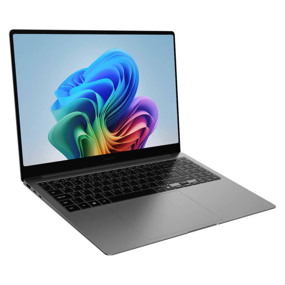 Gray Samsung laptop with open screen and keyboard, slim design