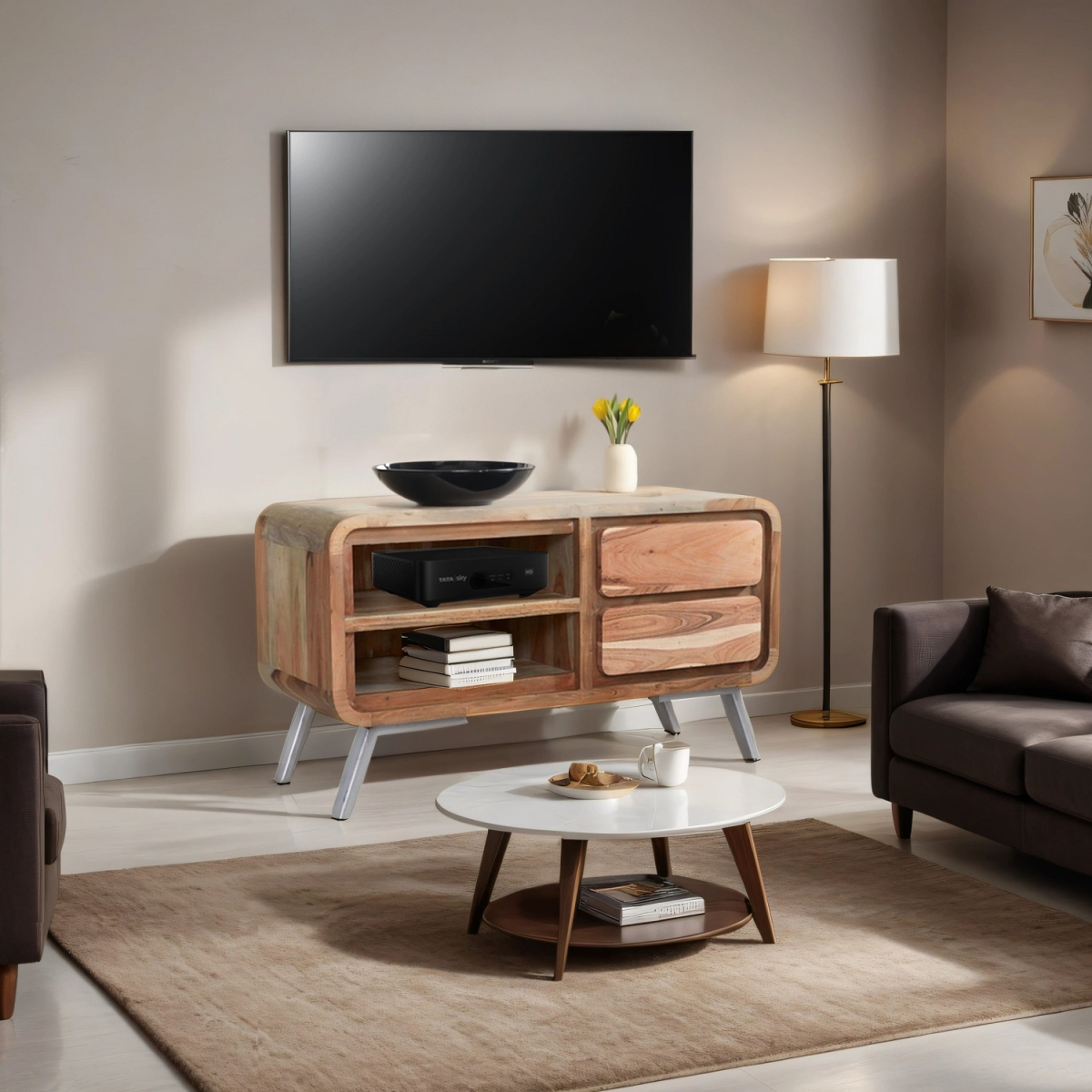 Wood TV cabinet with open shelf and two drawer compartments on angled metal legs