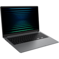 Gray Samsung laptop with keyboard and lit display, open at a slight angle