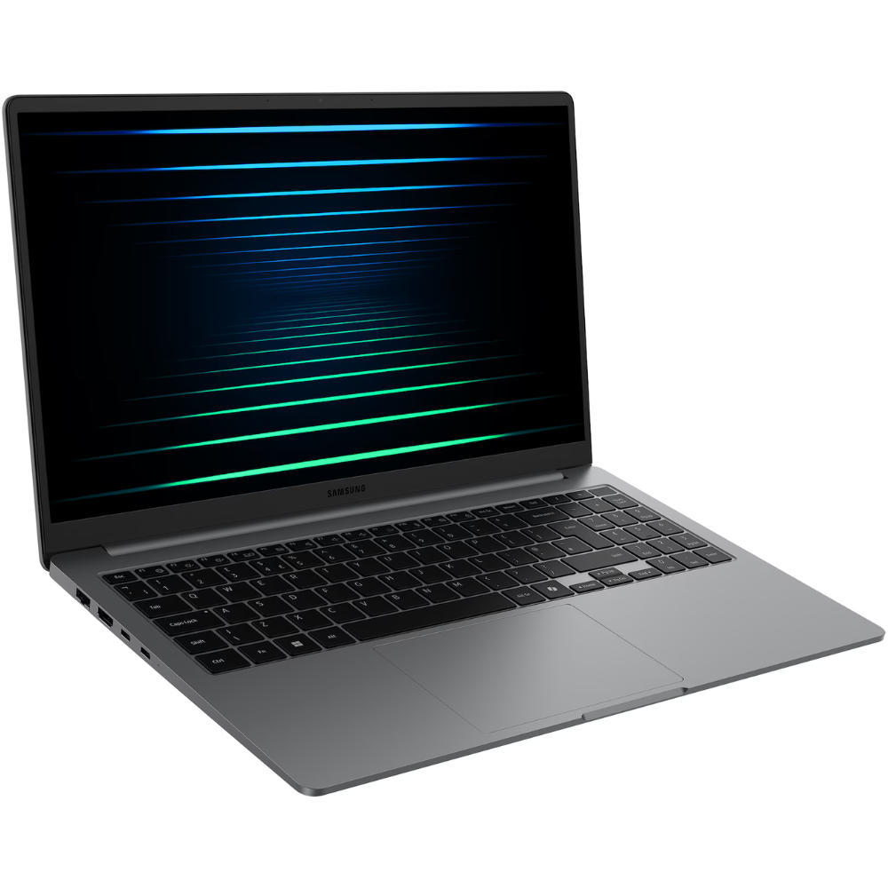 Gray Samsung laptop with keyboard and lit display, open at a slight angle