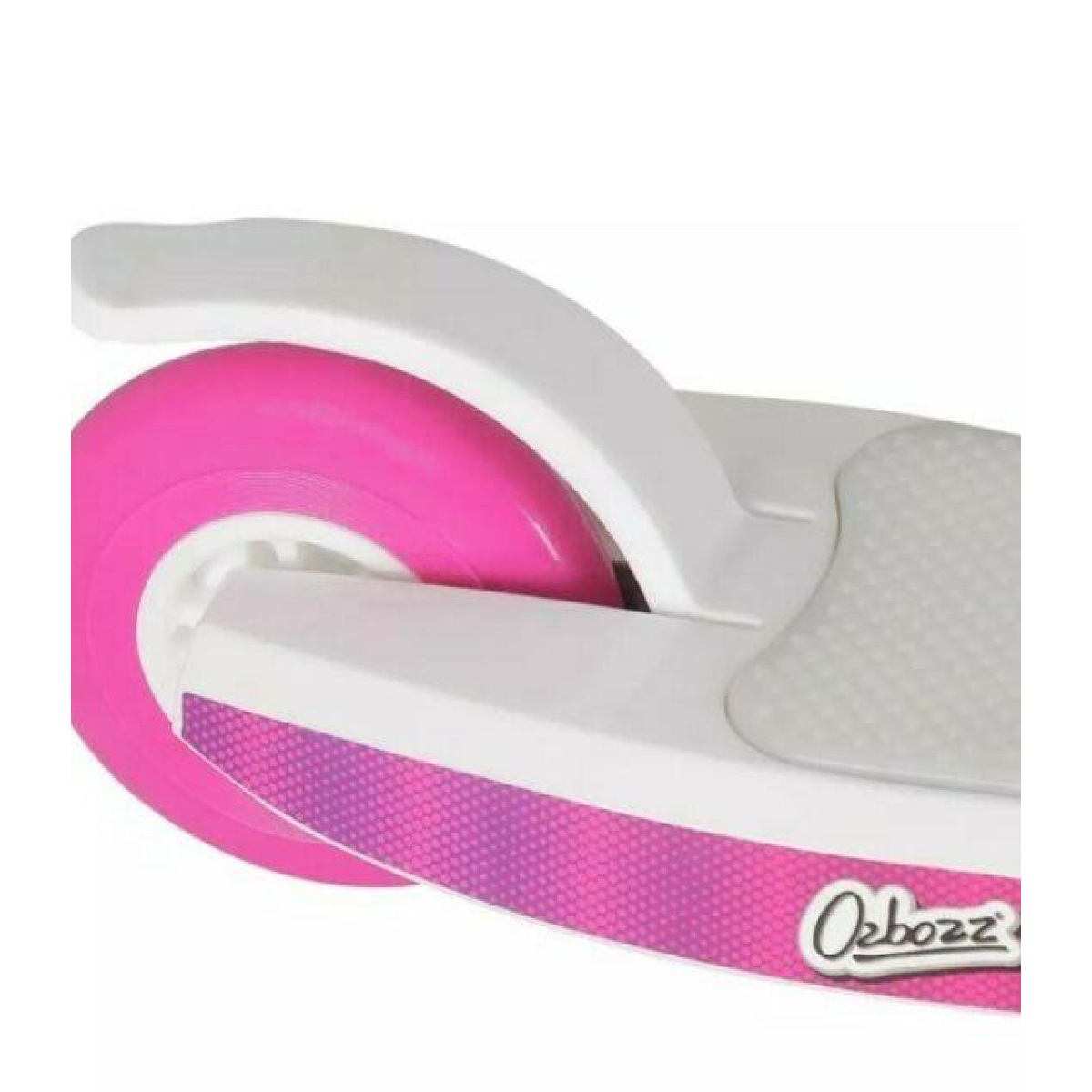 Light-up scooter deck with pink-purple light-burst graphic and Ozbozz logo.
