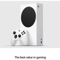 White Xbox console box with wireless controller in front, side view