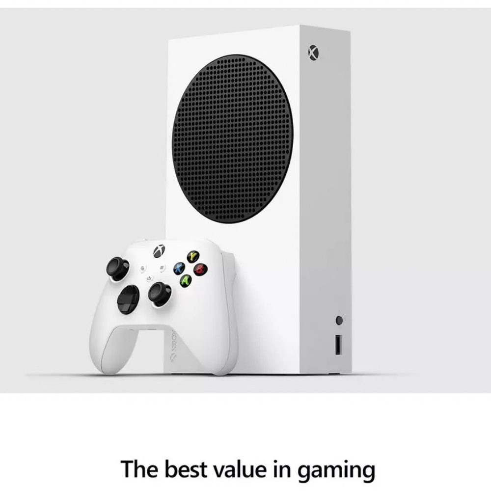 White Xbox console box with wireless controller in front, side view