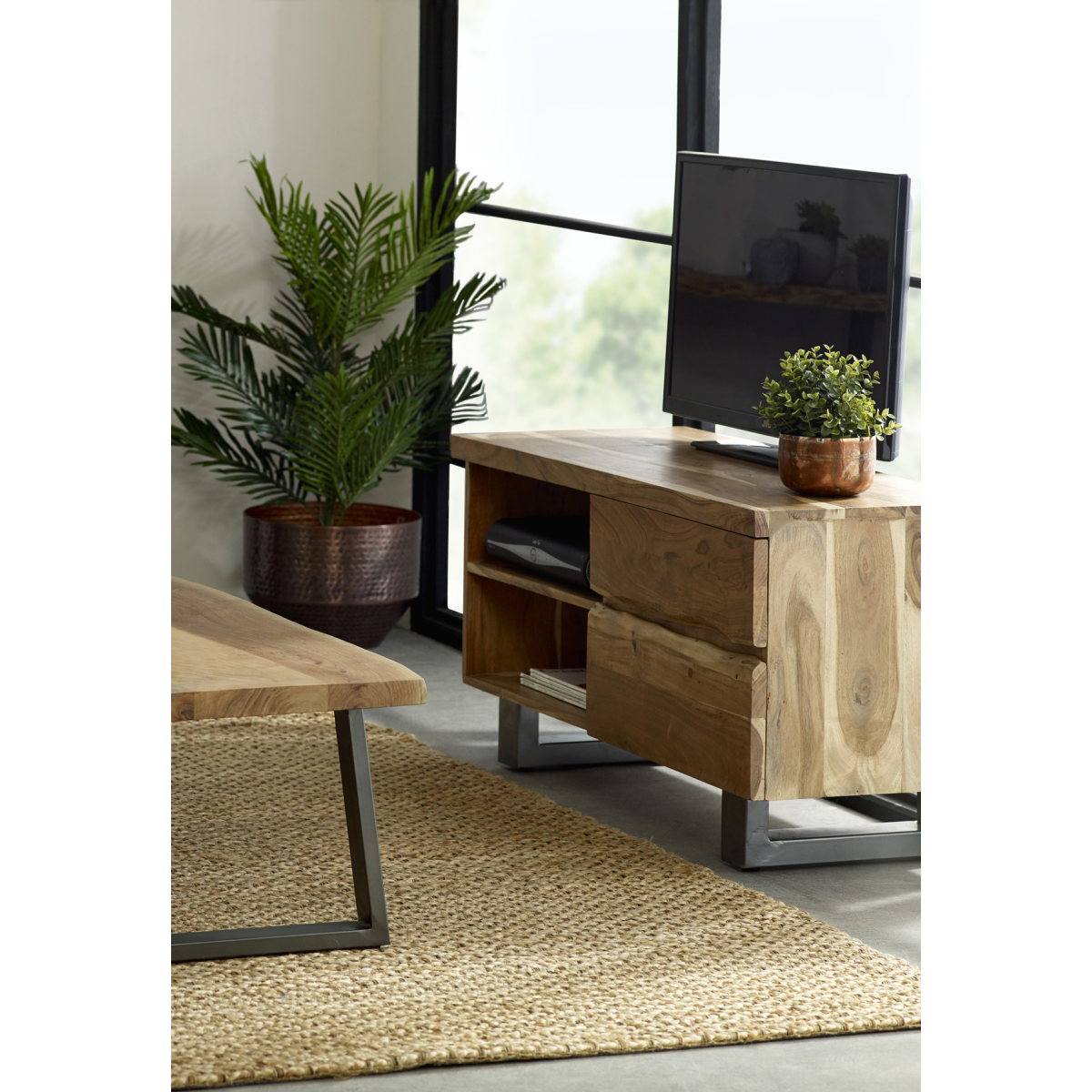 Reclaimed wood TV stand with open media shelf and drawer, dark legs