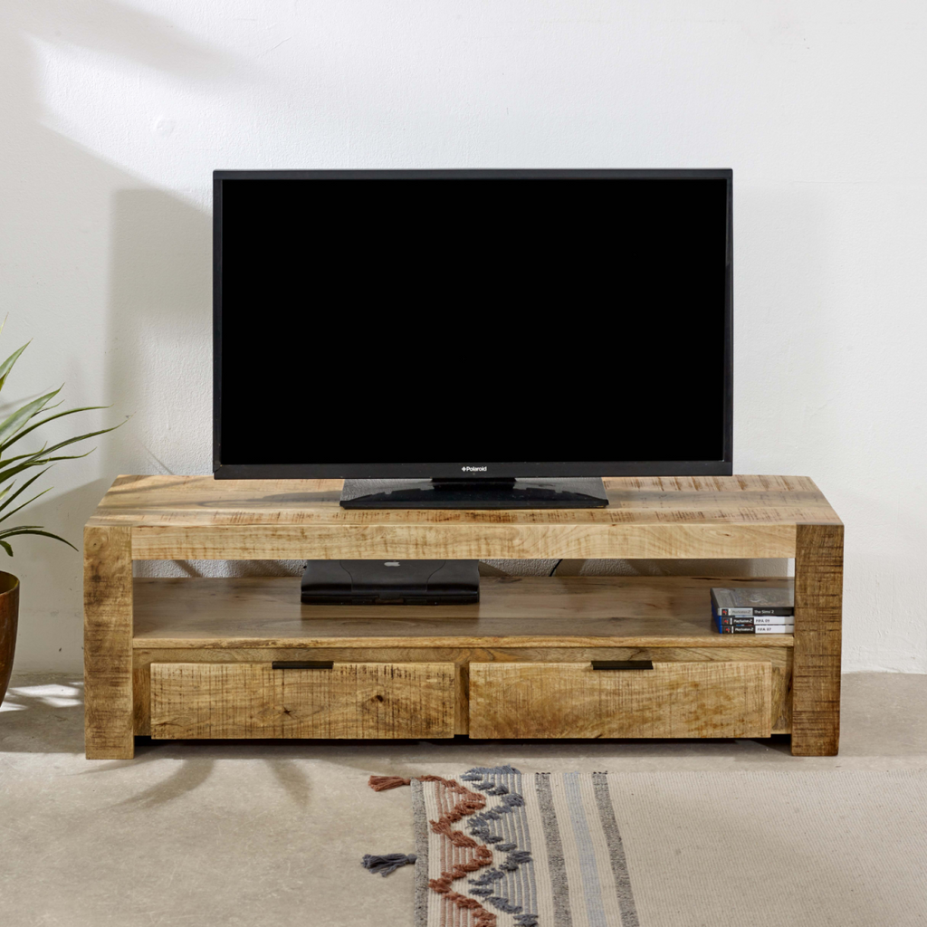 Solid wood TV stand with two drawers and open shelf under a TV, front angle