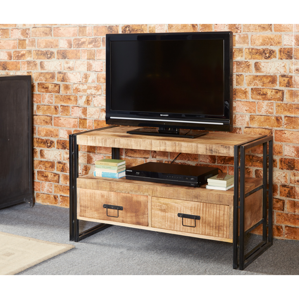 Industrial TV stand with two-door storage and open shelves, wood top and black metal frame