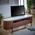 Large TV stand with marble-look top, brown mango wood body, and black metal legs