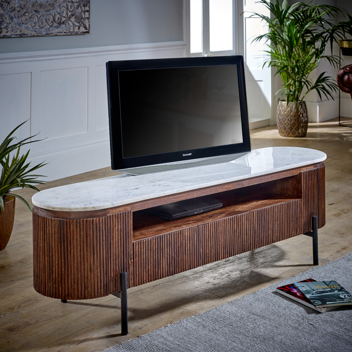 Large TV stand with marble-look top, brown mango wood body, and black metal legs