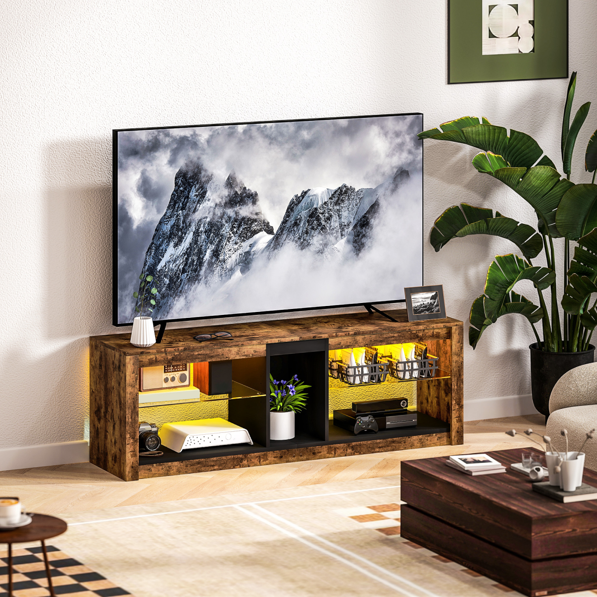 Rustic brown TV stand with open shelves for media and decorative items