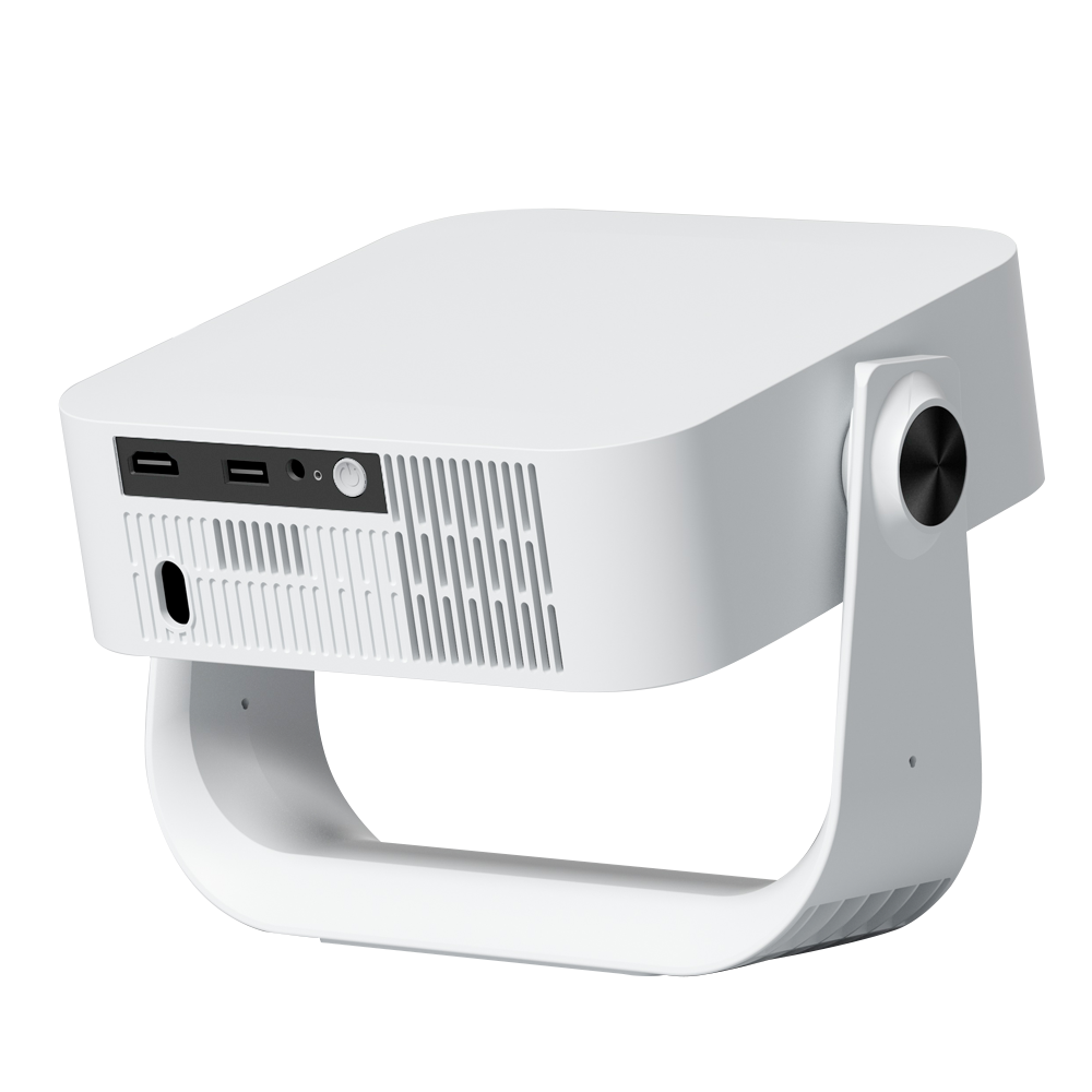 White smart projector side/back with input ports and cooling vent slats