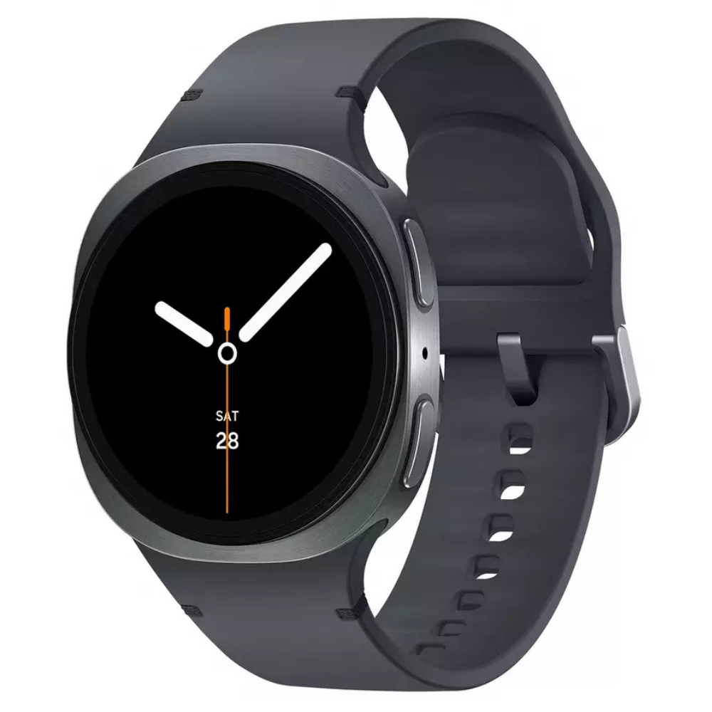 Graphite smartwatch with black round display and gray silicone band, LTE-style crown bezel.