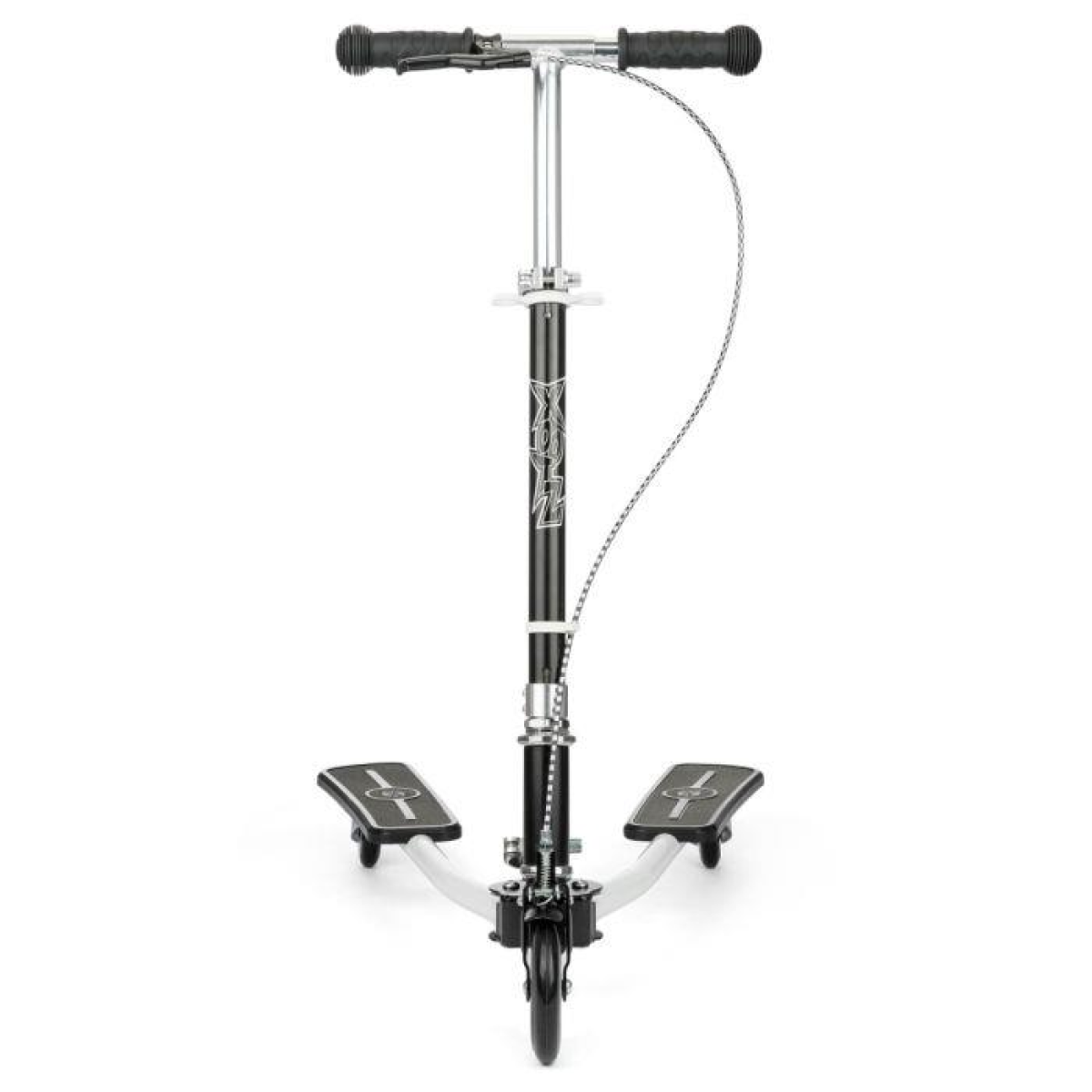 Front view of a white kick scooter with black frame and dual foot decks