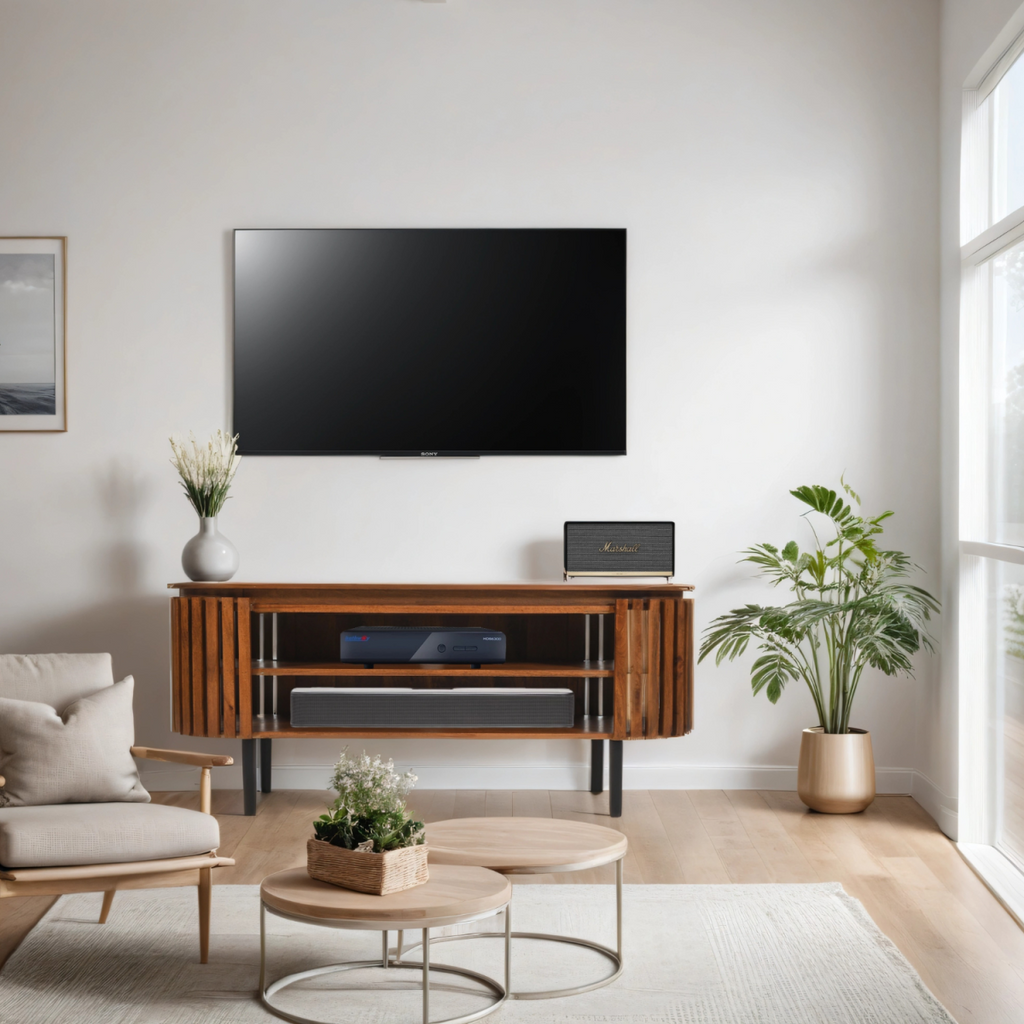 Slatted mango wood TV cabinet with open shelves and black metal legs